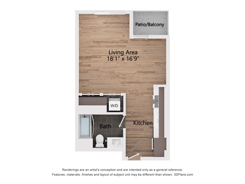 A diagram of a living area with a kitchen, bathroom, and patio/balcony.